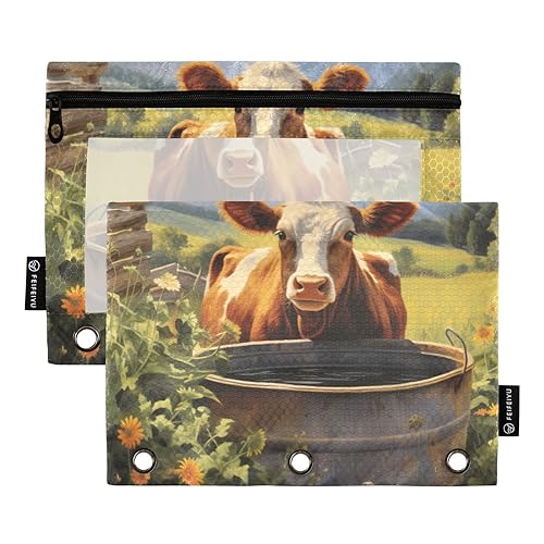 Cow Farm Grün 3 Ringbuch Federmäppchen Set von 2 recycelten Ordnern Make-up Tasche Bleistifttaschen mit Reißverschluss Aufbewahrungsbehälter Bürozubehör, Kuh Bauernhof Grün, one sizex2 von Wudan