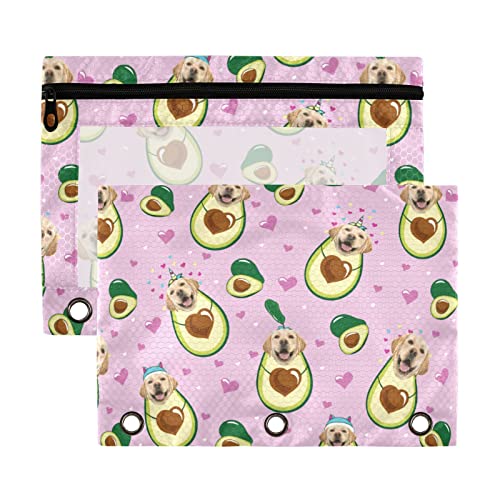 Cute Dogs Avocados Pink 3 Ring Binder Bleistift Pouch 2 Pack Kunststoff Recycelte Transparent Wasserdicht Federmäppchen mit Reißverschluss Schreibwaren Zubehör von Wudan