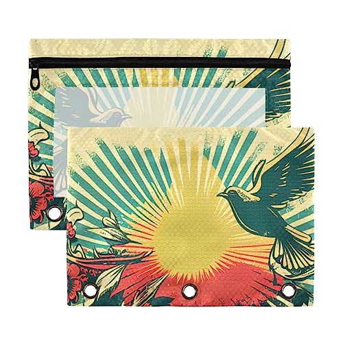 Dove of Peace Flowe Sunshine American Retro Sunshine 3 Ringbuch Bleistiftbeutel 2 Stück Kunststoff Recycelte Transparent Wasserdicht Federmäppchen mit Reißverschluss Schreibwaren Zubehör von Wudan