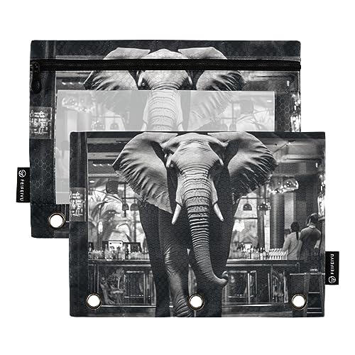 Elephant Commercial Street Federmäppchen mit 3 Ringbüchern, transparent, wasserdicht, Kunststoff, mit Reißverschluss, Kosmetiktasche, Büro-Dokumenten-Organizer, Schwarz / Weiß, 2 Stück von Wudan