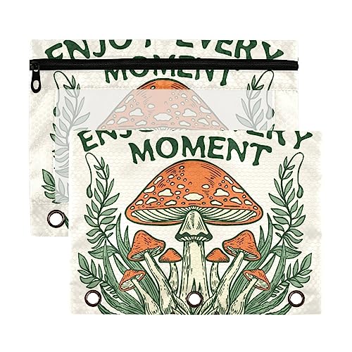 Enjoy Every Momentmagic Mushrooms Forest 3-Ringbuch-Federmäppchen aus recyceltem Kunststoff, transparent, wasserdicht, mit Reißverschluss, Schreibwaren-Zubehör von Wudan