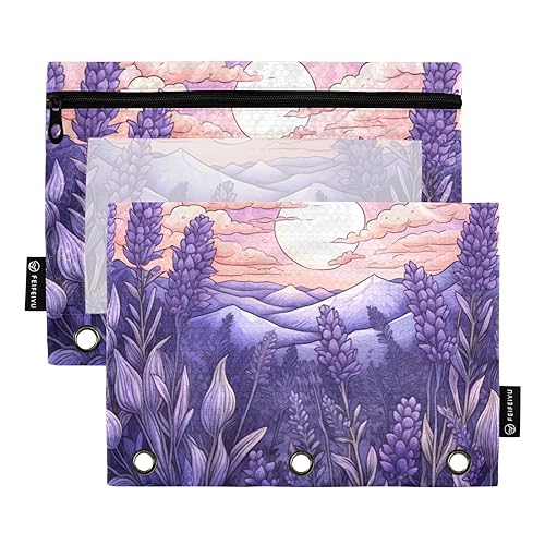 Federmäppchen mit Lavendel-Illustration, violett, 3 Ringbücher, 2 Stück, durchsichtig, Kunststoff, mit Reißverschluss, für Zuhause, Reisen, Karten, Aufbewahrungsbehälter, Bürobedarf, Lavendel von Wudan