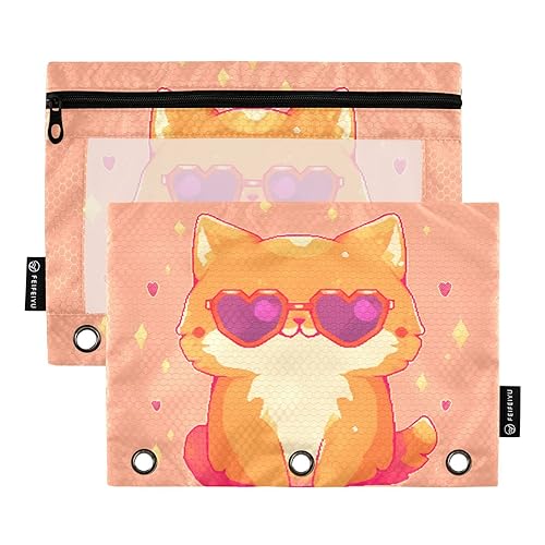 Federmäppchen mit Sonnenbrille, Katze, Rosa, 3 Ringe, 2 Stück, Reißverschluss, wasserdicht, Bleistifttaschen mit Reißverschluss, Büro-Dokumenten-Organizer von Wudan