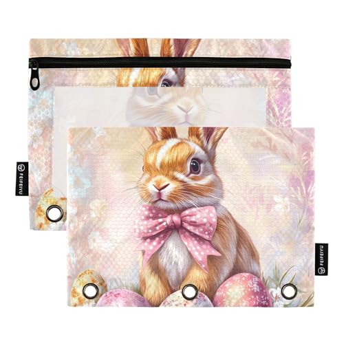 Federmäppchen mit floralem Schleife, Hasen, Eier, Ostern, 3 Ringe, Federmäppchen mit Reißverschluss, 2 Stück, Kunststoff-Kosmetiktasche, Büro-Dokumenten-Organizer von Wudan