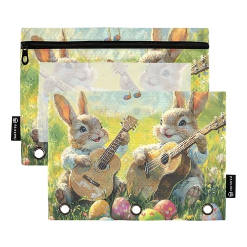 Federmäppchen mit niedlichem Hasen-Motiv, Motiv: Ostern, 3 Ringe, Bleistiftbeutel mit Reißverschluss, 2 Stück, transparente Make-up-Tasche, Schreibwarenzubehör von Wudan
