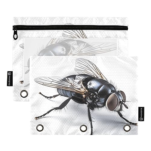 Fly Federmäppchen mit 3 Ringbüchern, transparent, wasserdicht, Kunststoff, mit Reißverschluss, Kosmetiktasche, Büro, Dokumenten-Organizer, Schwarz / Weiß / Grau, 2 Stück von Wudan