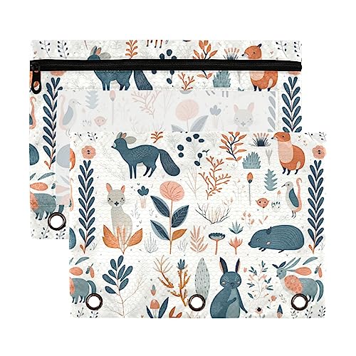 Fox Rabbit Cat and Plants Flowers Orange Green Woodland 3 Ring Binder Pencil Pouch 2 Pack Clear Waterproof Plastic Pencil Case with Zipper Cosmetic Bag Office Document Organizer von Wudan