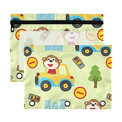 Funny Monkey Driving Gelb 3-Ringbuch-Federmäppchen, 2 Stück, transparent, wasserdicht, Kunststoff-Federmäppchen mit Reißverschluss, Kosmetiktasche, Büro-Dokumenten-Organizer von Wudan