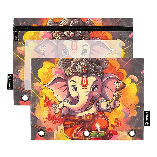 Ganpati Federmäppchen im indischen Stil, Orange, Gelb, Weiß, Blau, Schwarz, 3 Ringe, transparent, wasserdicht, Kunststoff, mit Reißverschluss, Kosmetiktasche, Büro, Dokumentenorganizer von Wudan