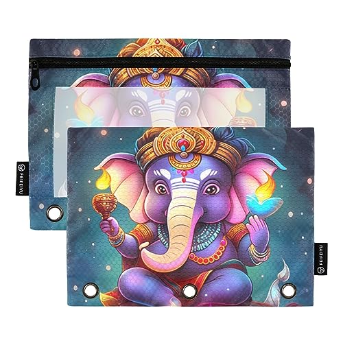 Ganpati Federmäppchen im indischen Stil, Orange, Gelb, Weiß, Blau, Schwarz, Cyan, 3 Ringe, transparent, wasserdicht, Kunststoff, mit Reißverschluss, Kosmetiktasche, Büro-Dokumenten-Organizer, 2 Stück von Wudan