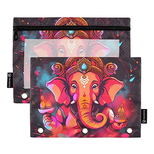 Ganpati Federmäppchen im indischen Stil, Orange, Gelb, Weiß, Blau, Schwarz, Cyan, Rot, 3 Ringe, transparent, wasserdicht, Kunststoff, mit Reißverschluss, Kosmetiktasche, Büro-Dokumenten-Organizer, 2 von Wudan