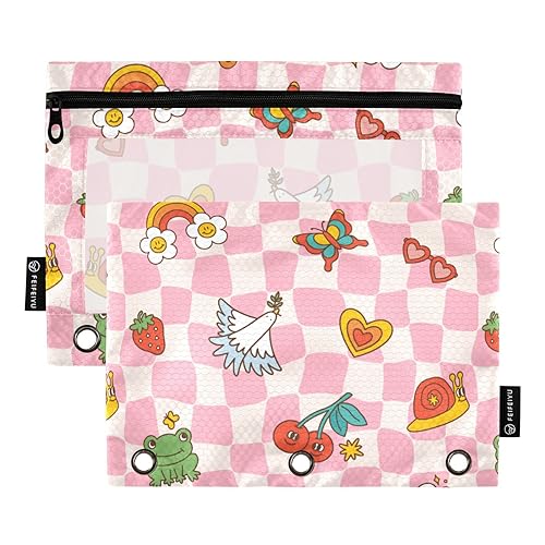 Groovy Pink Check Frog Animal Cottage Butterfly 3 Ring Binder Pencil Pouch 2 Pack Waterproof Folder Storage Bag Pencil Case with Binder Stationery Supply Accessories von Wudan