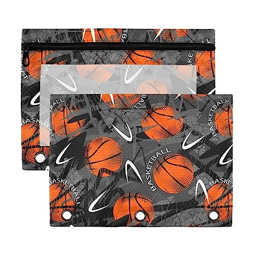 Grunge Basketball-Federmäppchen mit 3 Ringen, transparent, wasserdicht, Kunststoff, mit Reißverschluss, Kosmetiktasche, Büro-Dokumenten-Organizer, Dunkelgrau, 2 Stück von Wudan