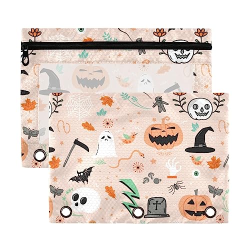 Halloween-Federmäppchen mit Totenkopf-Muster, Orange, 3 Ringe, 2 Stück, transparent, wasserdicht, Kunststoff-Federmäppchen mit Reißverschluss, Kosmetiktasche, Büro-Dokumenten-Organizer von Wudan