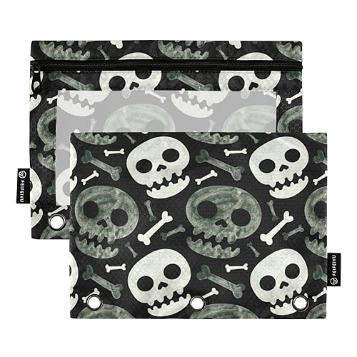 Halloween Schädel und Knochen Gruselig Grün 3 Ring Binder Bleistift Tasche 2 Pack Recycelter Kunststoff Kosmetiktasche Kunststoff Bleistift Tasche Büro Organizer Versorgung, Halloween Totenköpfe und von Wudan