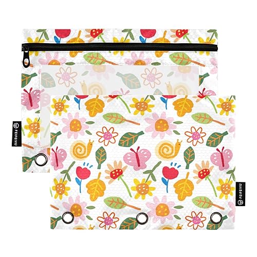 Hand Drawn Flower and Leaf White 3 Ring Binder Pencil Pouch 2 Pcs Recycled Recycled Pencil Bag Pencil Case with Binder Home Travel Cards Storage Container Office Supply von Wudan