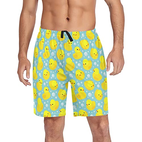 Herren-Pyjamahose mit süßen weißen und gelben Enten, Loungehose, kurze Hose, Pyjamahose mit Taschen, Größe S, Gelbe Gummiente, Blau, XXLarge von Wudan