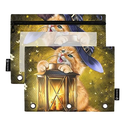 Kätzchen Gold Katze Hexe Laterne Happy Halloween 3 Ring Binder Federmäppchen 2 Pack Transparent Wasserdicht Kunststoff Federmäppchen mit Reißverschluss Kosmetiktasche Büro Dokument Organizer von Wudan