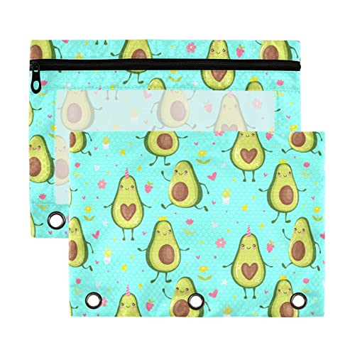 Kawaii Avocado Grape Flower Heart 3 Ring Binder Pencil Pouch 2 Pack Kunststoff Recycelte Transparent Wasserdicht Federmäppchen mit Reißverschluss Schreibwaren Zubehör von Wudan