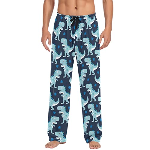 Kawaii Blau Dinosaurier Dunkelblau Pyjamahose für Herren Loungehose Pyjamahose mit Taschen, Kawaii Blue Dinosaurier Dunkelblau, Large von Wudan