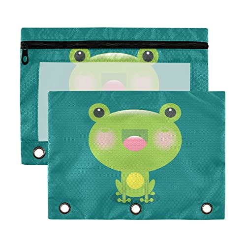 Kawaii Frosch auf grünem 3-Ringbuch-Federmäppchen aus recyceltem Kunststoff, transparent, wasserdicht, mit Reißverschluss, Schreibwaren-Zubehör von Wudan