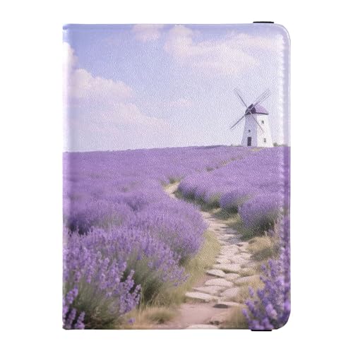 Lavendelfeld mit Windmühle Reisebrieftasche Leder Reisepasshülle Wasserdicht Reisepasshülle für Männer Geschäftsreise von Wudan