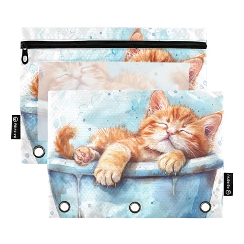 Lustiges, bezauberndes Kätzchen in der Badewanne, 3 Ringe, Federmäppchen mit Reißverschluss, 2 transparente Make-up-Tasche, Bürobedarf von Wudan