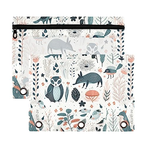 Mäuse und Pflanzen Woodland 3-Ringbuch-Federmäppchen, transparent, wasserdicht, Kunststoff, mit Reißverschluss, Kosmetiktasche, Büro-Dokumenten-Organizer, 2 Stück von Wudan