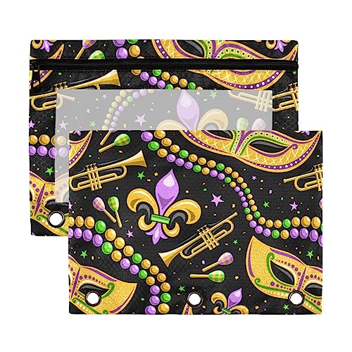 Mardi Gras Fleur de Lis Beads Star 3 Ringbuch Bleistiftbeutel 2 Stück transparent wasserdicht Kunststoff Federmäppchen mit Reißverschluss Kosmetiktasche Büro Dokument Organizer von Wudan