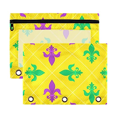 Mardi Gras Heraldische Fleur de Lis Blume 3 Ringbuch Bleistiftbeutel 2 Stück transparent wasserdicht Kunststoff Federmäppchen mit Reißverschluss Kosmetiktasche Büro Dokument Organizer von Wudan