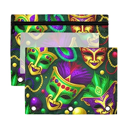 Mardi Gras Maske lila gelb 3 Ringe Binder Bleistift Pouch 2 Pack Kunststoff Recycelte Transparent Wasserdicht Federmäppchen mit Reißverschluss Schreibwaren Zubehör von Wudan