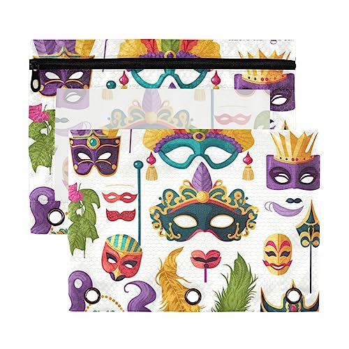 Mardi Gras Masks Deco Weiß 3 Ringbuch-Federmäppchen, 2 Stück, Kunststoff, recycelt, transparent, wasserdicht, mit Reißverschluss, Schreibwaren-Zubehör von Wudan