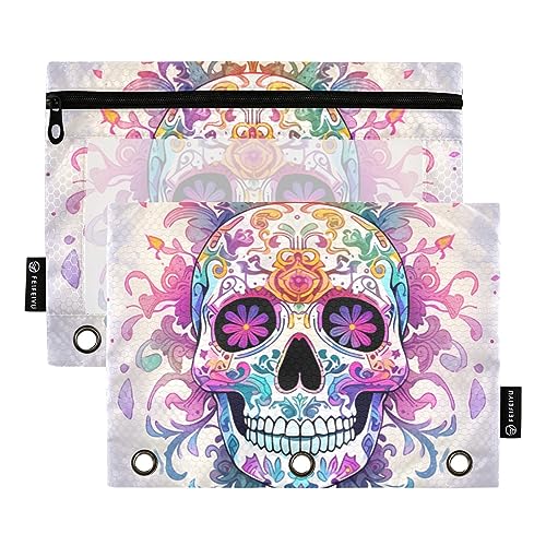 Mexiko Tag der Toten Schwarz Weiß Blau Rot 3 Ring Binder Federmäppchen 2 Pack Transparent Wasserdicht Kunststoff Federmäppchen mit Reißverschluss Kosmetiktasche Büro Dokument Organizer von Wudan