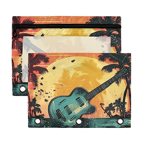 Orange Blue Seascape Guitar Summer American Retro 3 Ring Binder Pencil Pouch 2 Pack Kunststoff Recycled Transparent Wasserdicht Federmäppchen mit Reißverschluss Schreibwaren Zubehör von Wudan