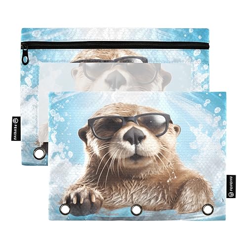 Otter Sonnenbrille Blau Weiß 3 Ring Binder Bleistift Beutel Set von 2 Kunststoff Reißverschluss Bleistift Tasche Bleistift Fall Binder Bürobedarf Zubehör von Wudan