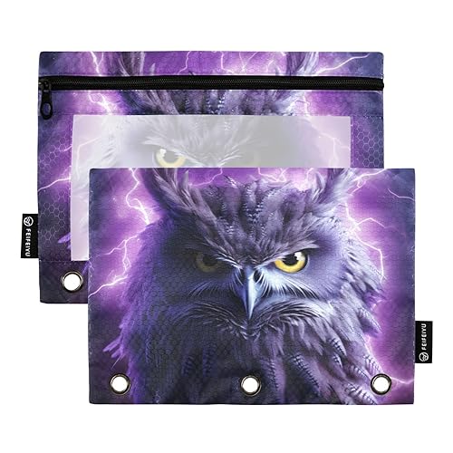 Owl Thunderbolt Purple 3 Ring Binder Pencil Pouch Set of 2 Zipper Waterproof Document Bags Plastic Pencil Case Stationery Accessories Office Supplies, Eule Thunderbolt Violett, one sizex2 von Wudan