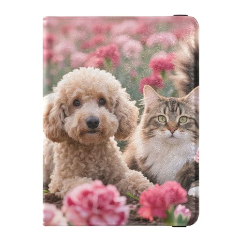 Pets in Pink Flower Field Reisebrieftasche, Leder, Reisepasshülle, großes Fassungsvermögen, Geld- und Kartenetui für Herren, Reiseutensilien von Wudan