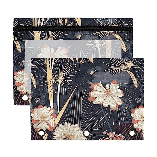 Pflanzen Gelb Rosa Blumen Grün 3 Ring Binder Bleistift Pouch 2 Stück Transparent Wasserdicht Kunststoff Federmäppchen mit Reißverschluss Kosmetiktasche Büro Dokument Organizer von Wudan