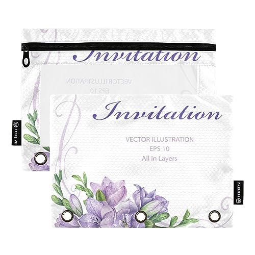 Rahmen Hochzeit Einladung Lila Freesie Blumen 3 Ring Binder Bleistift Tasche 2 Pack Klar Wasserdicht Kunststoff Federmäppchen mit Reißverschluss Kosmetiktasche Büro Dokument Organizer von Wudan