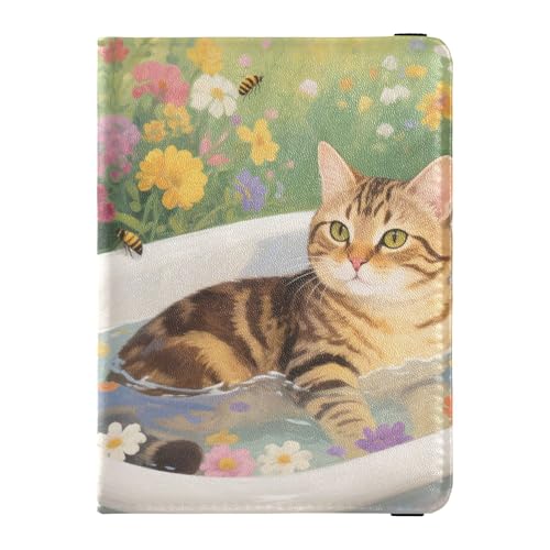 Reisepasshülle aus Leder, Motiv: Katze badet in Blumenwanne, Diebstahlschutz, Geld- und Kartenhalter für Herren, Reisedokumente von Wudan