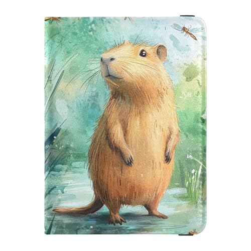 Reisepasshülle aus Leder mit Cartoon-Capybara-Motiv "A River", Diebstahlschutz, für Frauen, Reisedokumente von Wudan