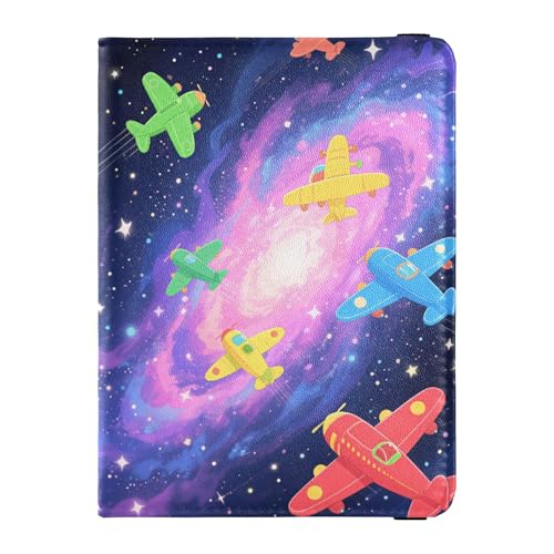 Reisepasshülle aus Leder mit Flugzeugen in Galaxie, große Kapazität, Reisepassbuchhalter für Herren, Reisezubehör von Wudan