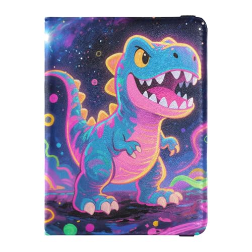 Reisepasshülle aus Leder mit buntem Dinosaurier in Galaxie, wasserdicht, Reisepasshülle für Damen, Reise-Organizer von Wudan