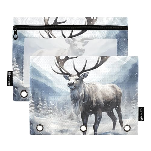 Rentier Weiß 3 Ring Binder Bleistift Tasche Set von 2 Kunststoff Ordner Pencilcase Kunststoff Bleistift Tasche Schreibwaren Zubehör Bürobedarf, Rentier Weiß, one sizex2 von Wudan