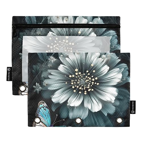 Retro Dunkelgrün Weiß Blume Schmetterling 3 Ring Binder Bleistift Beutel Set von 2 Wasserdicht Kosmetiktasche Bleistift Fall Binder Bürobedarf Zubehör, Retro Dunkelgrün Weiß Blume Schmetterling, one von Wudan