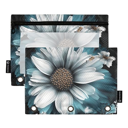 Retro Dunkelgrün Weiß Öl Blume Schmetterling Dekoration 3 Ring Binder Federmäppchen 2 Pack Transparent Wasserdicht Kunststoff Federmäppchen mit Reißverschluss Kosmetiktasche Büro Dokument Organizer von Wudan