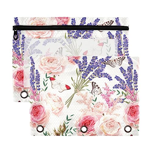 Retro Lavendel Blumen Schmetterling Muster 3 Ring Binder Bleistift Pouch 2 Pack klar wasserdicht Kunststoff Federmäppchen mit Reißverschluss Kosmetiktasche Büro Dokument Organizer von Wudan