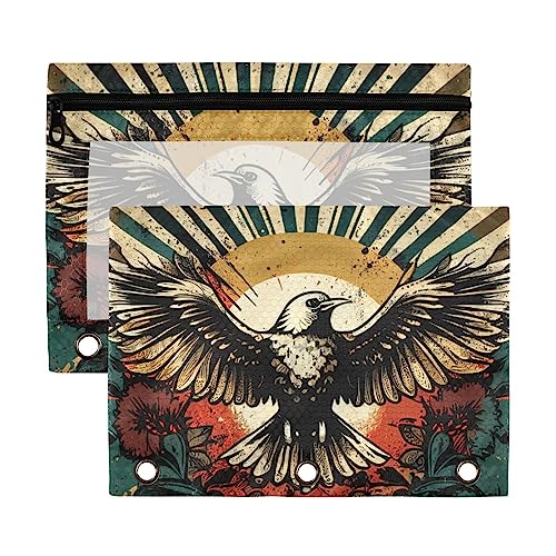 Retro Spread Wings Sonnenblume American Retro Sunshine 3 Ring Binder Pencil Pouch 2 Pack Kunststoff Recycelte Transparent Wasserdicht Federmäppchen mit Reißverschluss Schreibwaren Zubehör von Wudan