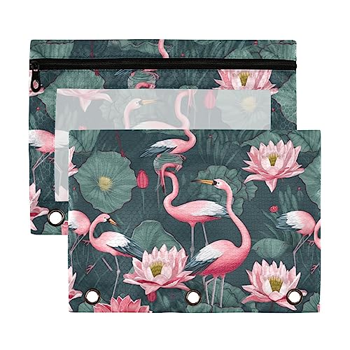 Rosa Flamingo auf Lotus 3 Ringbuch-Federmäppchen, transparent, wasserdicht, Kunststoff, mit Reißverschluss, Kosmetiktasche, Büro-Dokumenten-Organizer, 2 Stück von Wudan