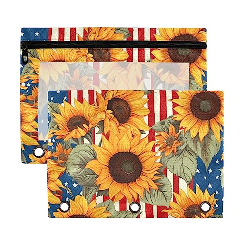 Rot Blau Sonnenblume kreative amerikanische Flagge 3 Ringe Binder Bleistift Pouch 2 Pack Kunststoff Recycelte Transparent Wasserdicht Federmäppchen mit Reißverschluss Schreibwaren Zubehör von Wudan